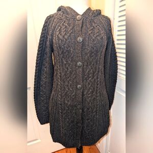 Inis Crafts Long Aran Button-up Wool Cardigan, Grey - Size M